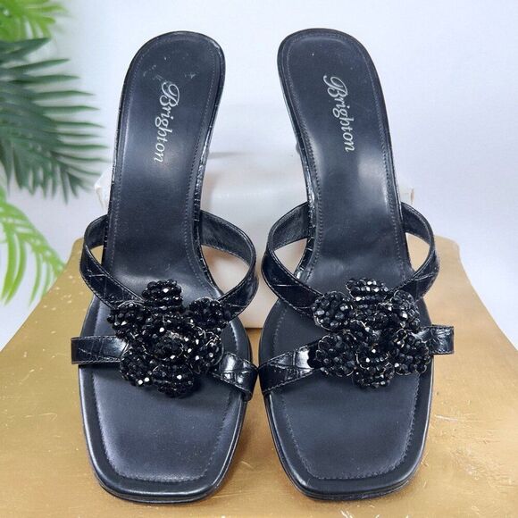 Vintage Y2K Black Fairy Grunge Flower Open Toe Slip On Kitten 2000s Heels / 6.5 - Picture 2 of 6